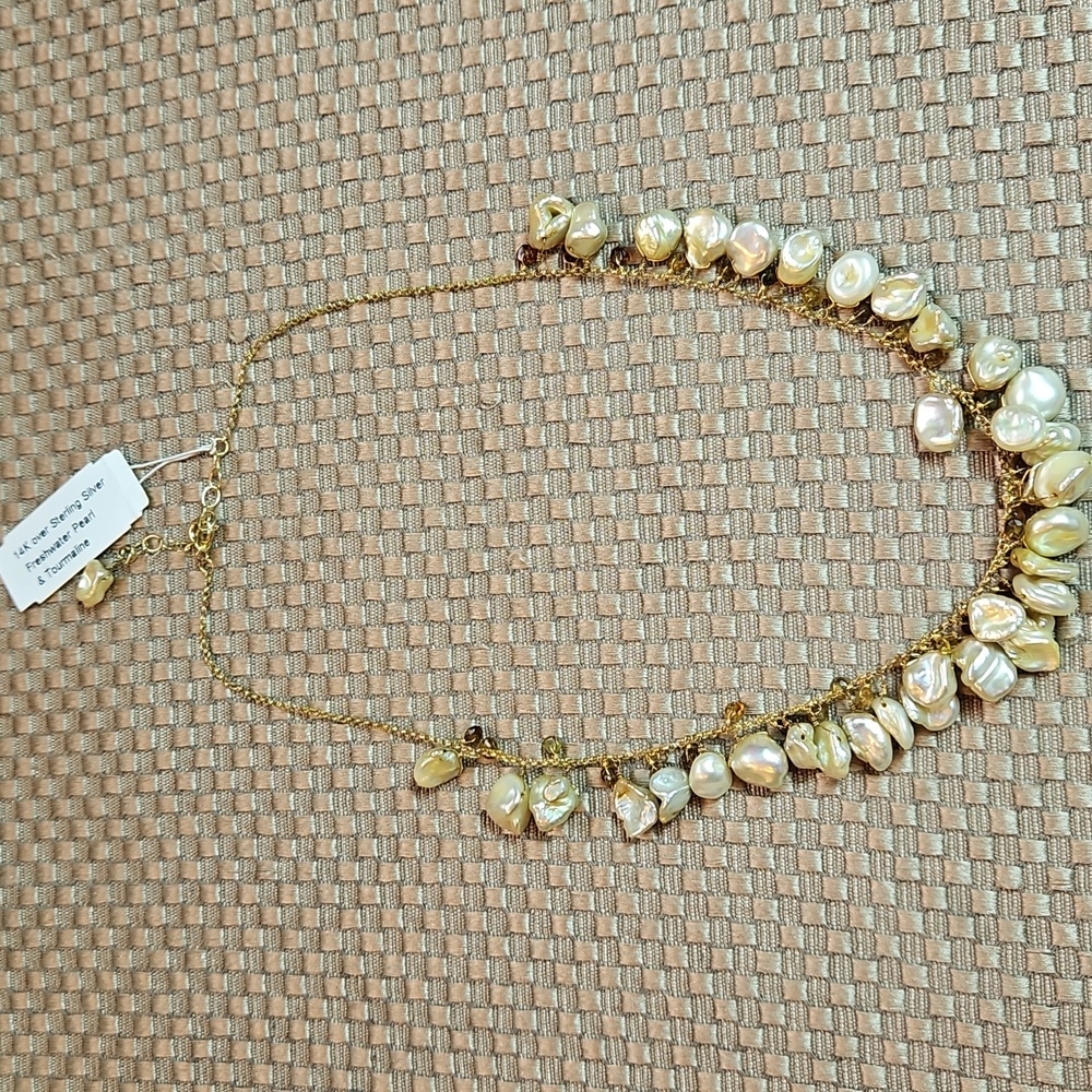 14k Gold Over Silver Freshwater Pearls & Tourmaline Necklace 18" Adjustable - Picture 3 of 11